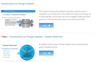 A screenshot of two online courses about flange gaskets, showing a gasket diagram, a selection wheel, short descriptions, and Enrol buttons.