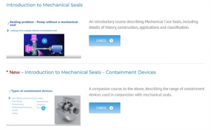 A screenshot of two online courses about mechanical seals, showing a pump diagram, a containment device, short descriptions, and Enrol buttons.