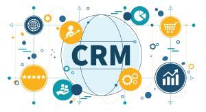 CRM graphic with interconnected icons for sales, customer support, and data analytics.